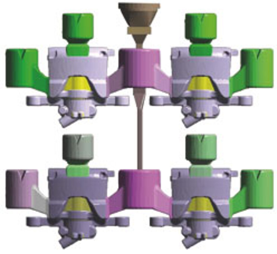 The geometry of a multiple cavity pattern for a brake caliper in MAGMASOFT®. Rigging geometries can be easily created in the simulation software or automatically generated from CAD files.